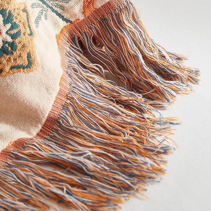 Boho Throw Blanket for Couch Sofa Bed, 100% Cotton Woven Quilt with Tassel 80”x90”, Super Soft Muslin Blanket with Floral Printed, Decorative Reversible Bed Blanket/Cover for All Seasons
