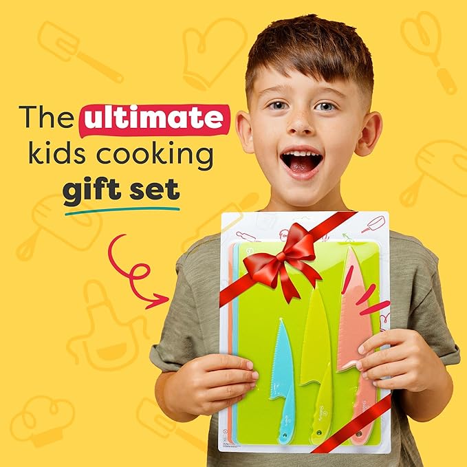 Baketivity 6 Piece Kids Cutting Board and Knife Set | Plastic Knives and Flexible Cutting Boards for Safe and Fun Cooking | Dishwasher Safe Kids Knifes for Real Cooking | Suitable for Children 6+