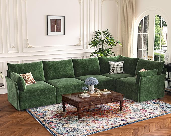 102.6" Luxury Modular Sleeper Sofa Bed 6 Seat Reversible Sectional Couch Deep Seat with Storage Chaises Removable Cover for Living Room, Apartment - Chenille Green