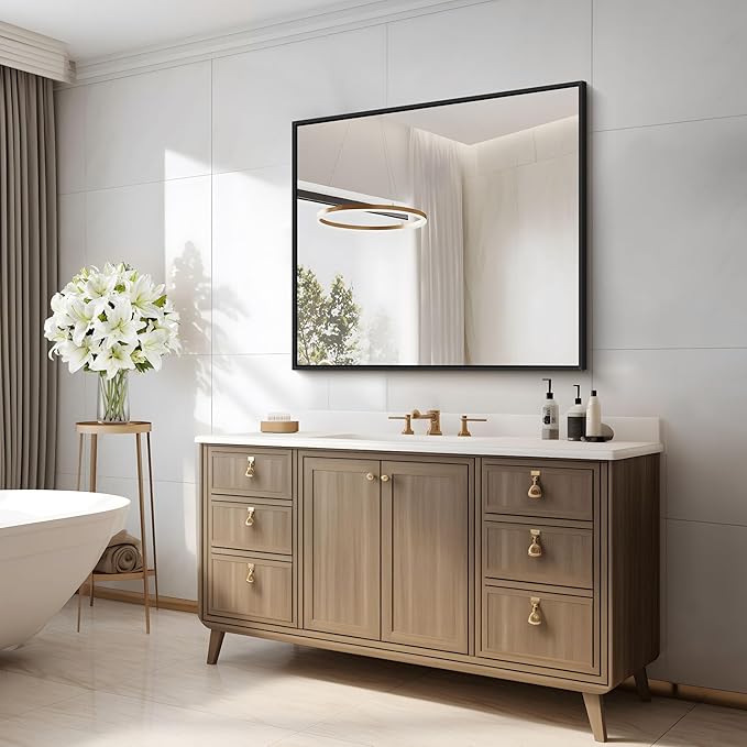 Black Bathroom Mirror for Wall, 30x30 Inch Rectangle Mirrors with Metal Frame, Modern Vanity Wall Square Mirror for Bathroom Living Room, Entryway Hangs Horizontal or Vertical