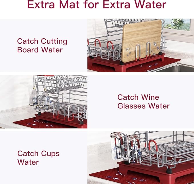 BOOSINY 2 Tier Red Large Stainless Steel Dish Drainers Drying Rack for Kitchen Counter with Drainboard, Rust Proof Metal, Space Saving, Modern Aesthetic, Compact Plates Strainers with Extra Mat