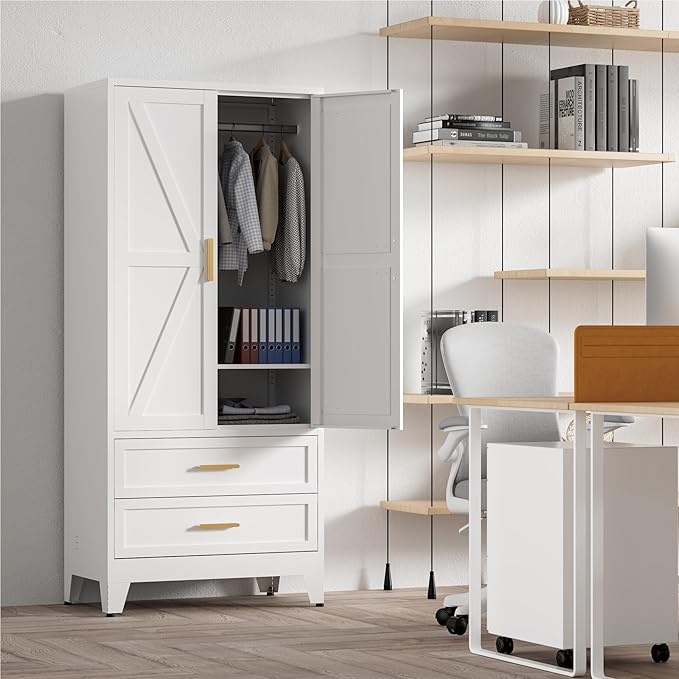 71'' Farmhouse Metal Wardrobe Cabinet with Hanging Rod, 2 Barn Door Wardrobe Closet with Adjustable Shelves,2 Drawer,for Dining Room,Bedroom,Living Room, Cloak Room,Office (White)