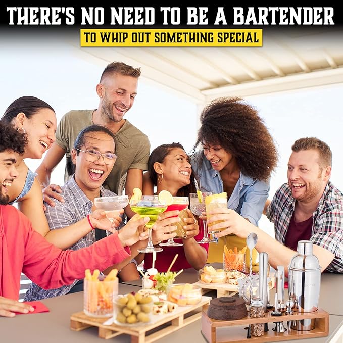 Bartender Kit with Whiskey Smoker - 13 pcs, Bamboo Stand - Bar Set with Cocktail Shaker, Bartending Kit with Essential Bar Accessory Tools, Wood Chips, Steel