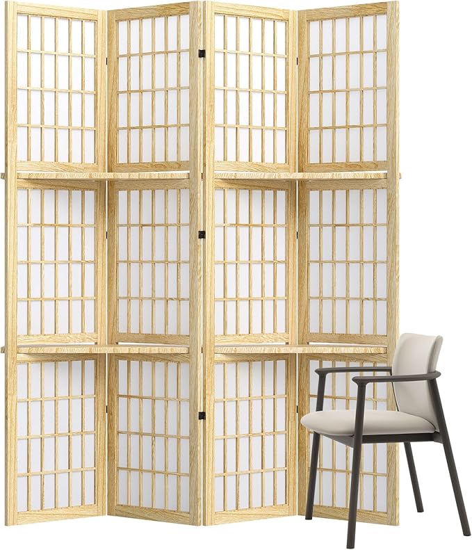 5.6FT Room Divider and Folding Portable Partition Screen, Chinese Japanese Shoji Style with Three Display Shelves for Room Separation - 4 Panel (Natural)
