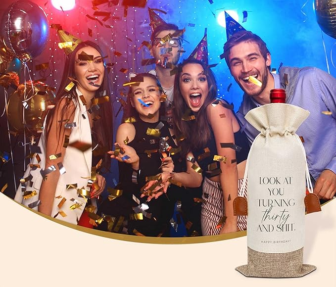 30th Birthday Wine Bag, Cotton Linen Wine Gift Bag With Drawstring, Wine Champagne Bottle Gift Bag, Thirty Years Old Birthday Gifts Wine Bag for Woman Man, 30th Birthday Party Favors-13