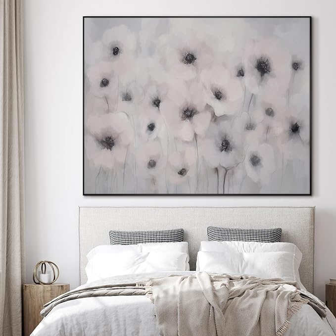 46"x60" Extra Large Framed Wall Art Soft White Poppies Watercolor Floral, Delicate Botanical for Home Living Room Bedroom Decor (Frame Assembly Required)