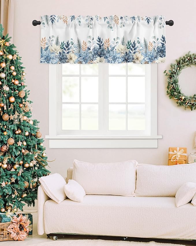 Blue Christmas Poinsettia Valance Curtains for Kitchen Windows Winter Eucalyptus Leaves Rod Pocket Window Treatment Toppers for Kitchen/Living Room/Bedroom/Bathroom, 42" X 12",