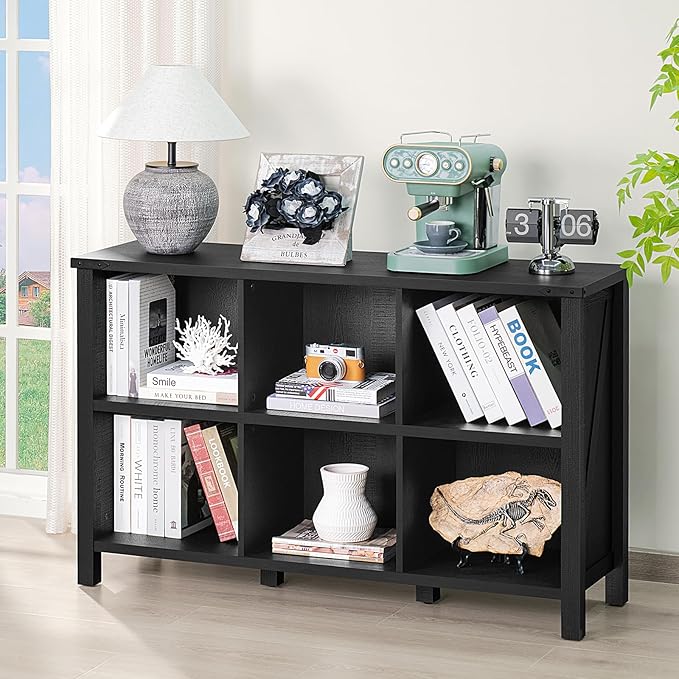 6 Cube Bookcase, Farmhouse Wood Low Storage Organizer Book Shelf, Black 47" Horizontal Console Bookshelf with Legs, Hallway Book Case for Entryway, Display Cabinet for Living Room, Office