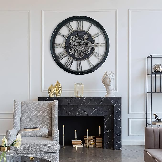 24 Inch Moving Gear Wall Clock, Oversized Wall Clocks, Clock Living Room Decor, Solid Wood Frame, Battery Operated, Large Wall Clock with Steampunk Industrial for Fireplace(Black)