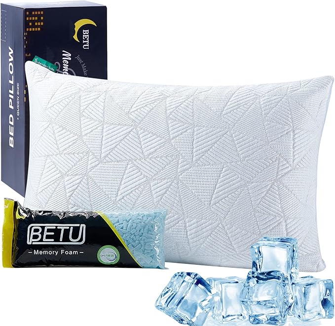 BETU Cooling Pillow Queen Size, Shredded Memory Foam Cool Pillow for Hot Sleepers, Adjustable Firm Soft Support Bed Pillows Perfect for Back Neck Pain and Side Sleeping with Pillow Case Cover, White
