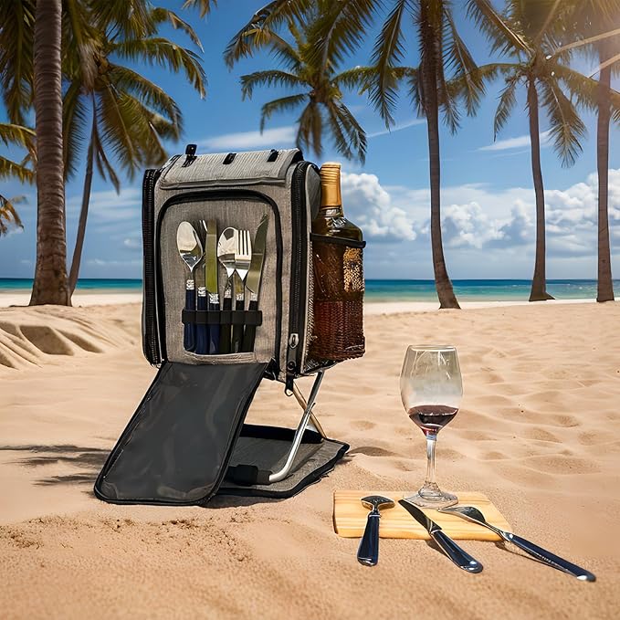 Backpack Cooler Insulated Leak Proof 20 Cans, 2 Ice Packs for Keeping Cool, Collapsible Support Stand with Rotary Bottom Tray for Rotate 360°, Cup Holder Cutlery Set for Camping Lunch