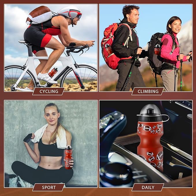 24 Pcs 24 oz Football Water Bottle Bulk and Drawstring Bag Set 12 Reusable Plastic Biking Water Bottle Tumbler 12 Sport Gym Goodie Gift Bag for Party Favor (Brown)