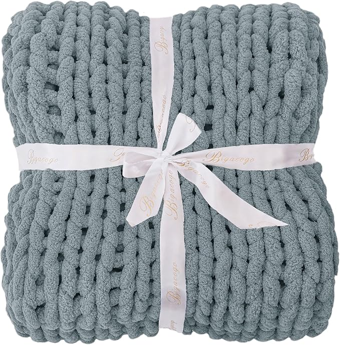 Bigacogo Chunky Knit Throw Blanket for Couch, 51x63 inches, 100% Hand Knitted with Thick Jumbo Chenille Yarn, Cozy Soft Large Rope Knot Cable Crochet Blankets for Sofa Bed Living Room, Dusty Blue