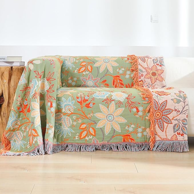 Boho Fall Throw Blanket for Bed,100% Ultra Cotton Soft Breathable Bed Throw Floral Printed Farmhouse Decor Rustic Bed Throws for Couch Sofa Quilt 60" x 80"-Orange& Sage Green