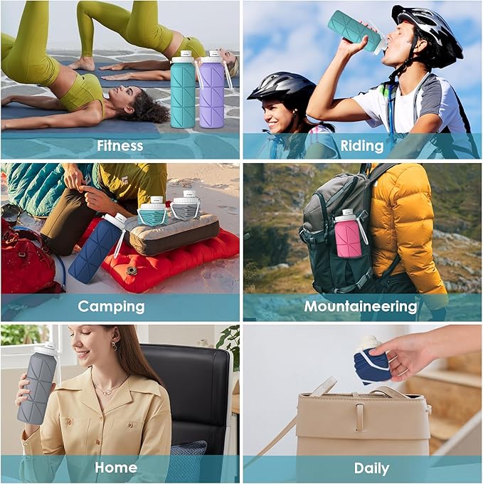 4pack Collapsible Water Bottles Foldable Silicone Travel Water Bottle Leakproof Flexible BPA Free Portable,Folding Water Bottle Lightweight for Camping,Hiking,Sports Travel Bottles 23oz
