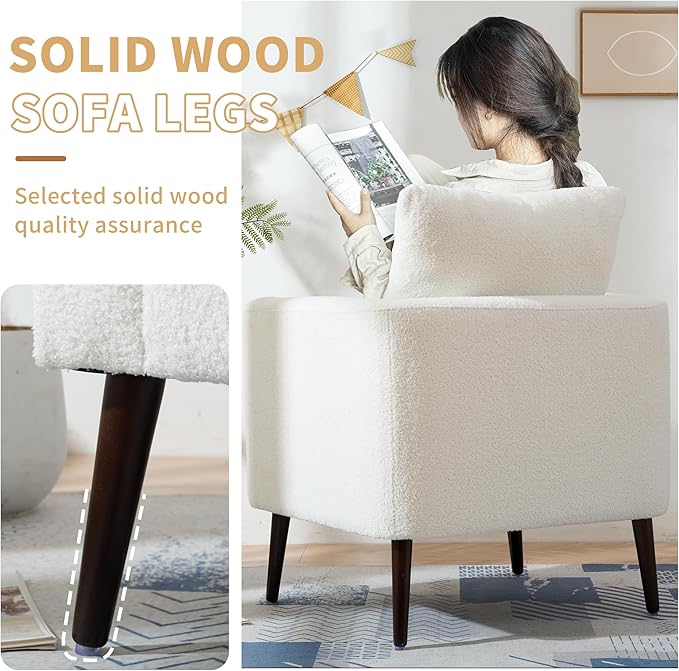 Barrel Accent Chair Set of 2 with Back Pillow, Large Teddy Upholstered Armchair with Solid Wood Legs Modern Reading Chairs for Living Room Bedroom