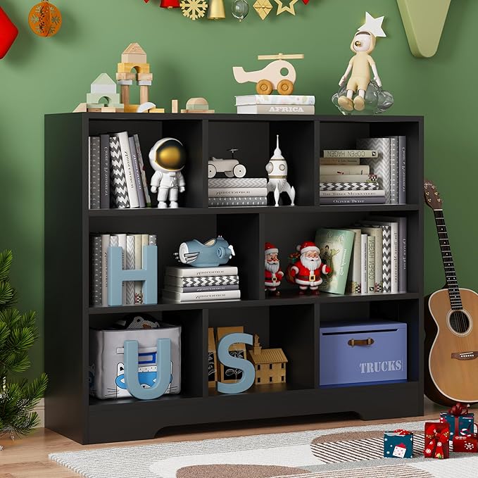 Book Shelf Set of 2, 8 Cubes Storage Organizer, Freestanding Balck Bookshelf Cube Shelf for Bedroom, Living Room, Home Office, 3-Tier Open Bookshelf Wooden Bookcase