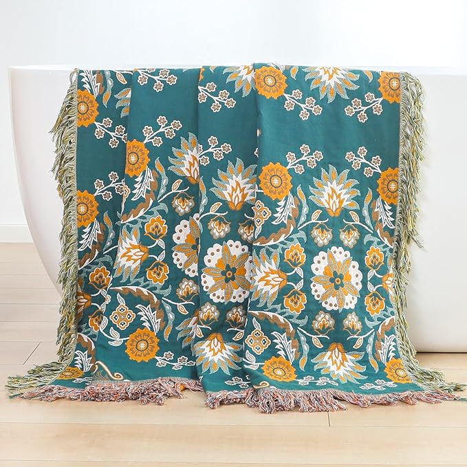 Boho Throw Blanket for Bed,100% Cotton Ultra Soft Lightweight Muslin 4-Layer Breathable Woven Throws 80''x 90'' Blanket Yellow Floral Printed Farmhouse Decor Bed Blankets