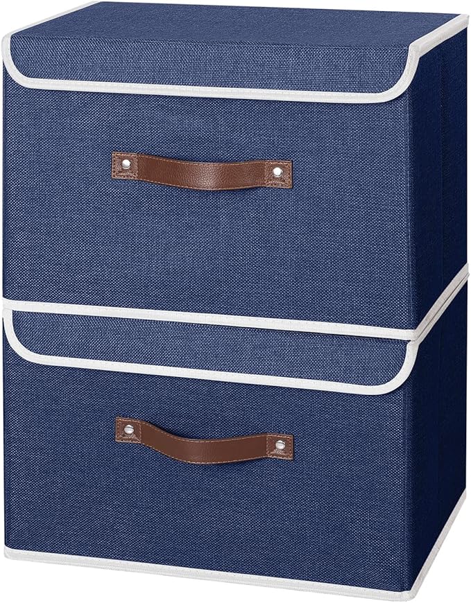 ANMINY 4PCS Storage Bins with Lid PU Leather Handles Storage Boxes PP Plastic Board Decorative Foldable Lidded Cotton Linen Fabric Home Cubes Baskets Closet Organizer Containers - Blue, Large Size