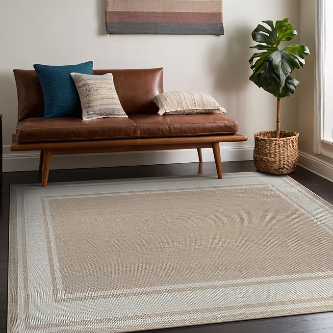 Beverly Rug Large Outdoor Rug 10x14 Modern Bordered Area Rugs for Indoor and Outdoor Patio Deck Porch Garden Waterproof Weather Sun Resistant Washable Outside Carpet (10 x 14 Beige)