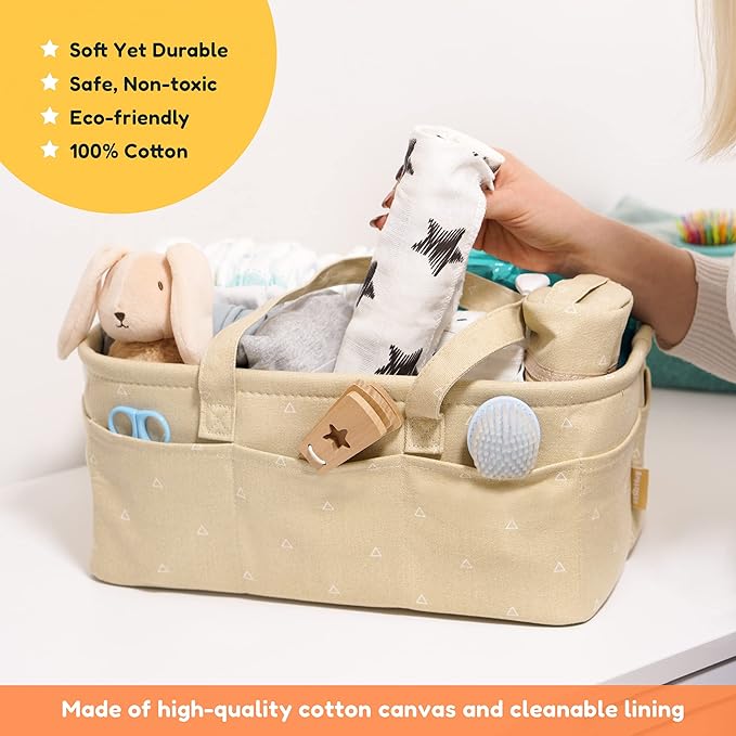 Baby Diaper Caddy Organizer - Baby Shower Basket | Large Nursery Storage Bin for Changing Table | Car Travel Tote Bag | Newborn Registry Must Have | Bonus Bottle Cooler | Beige