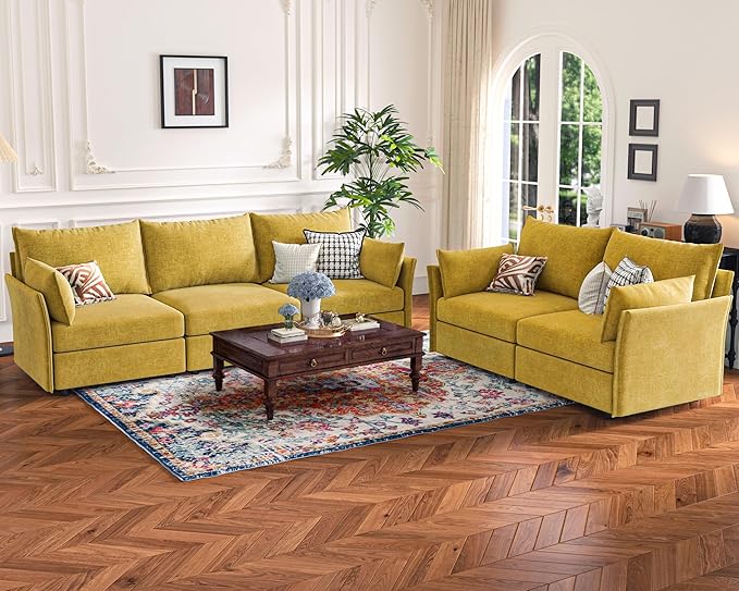 136.4" Oversized Modular Sectional Sofa, U Shaped Convertible Couch with Movable Ottoman, Large 7 Seat Corner Couches for Living Room Deep Seat Yellow Chenille