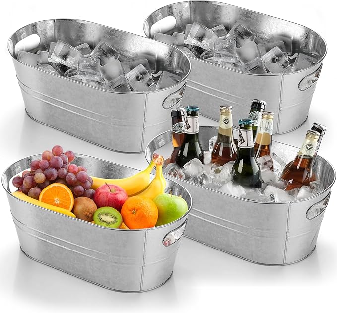4PCS Galvanized Tub 4 Gallon with Carry Ice Bucket Large Metail Drink Buckets for Parties Beer Drink Storage Coller Ice Tub for Mimosa Bar Supplies