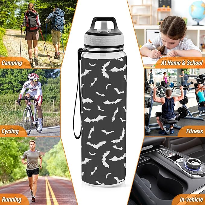 Bat Water Bottle with Straw Halloween Sports Bottles BPA-Free Tritan Water Jug with Carrying Strap for Women Men Gym