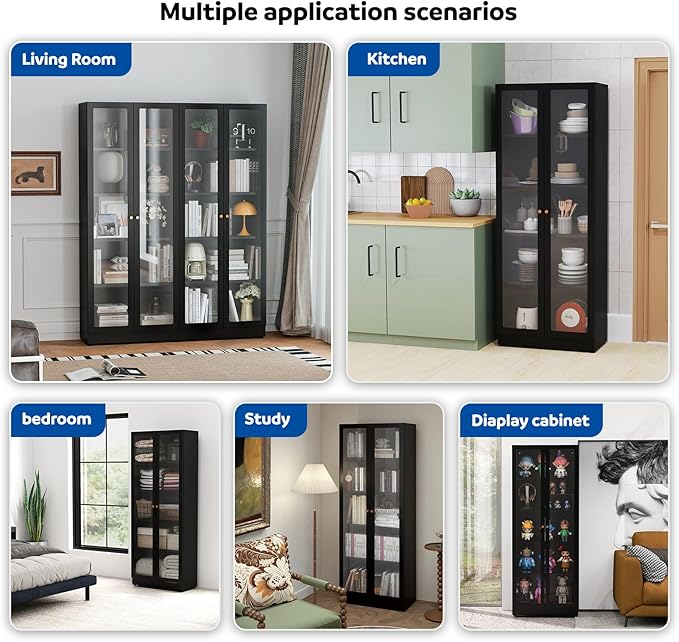 5 Tier Metal Curio Cabinets, Modern Bookshelf Cabinet with 4 Adjustable Shelves, Cabinet Display Case for Home Office, Living Room, Pantry (Black-27.5W)