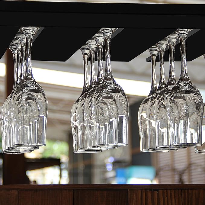 2PC Black Wooden Hanging Wine Glass Rack - Wall Mount Stemware Holder 25.3x11x2 cm - Space Saving Bar Organizer for Kitchen, Dining Room Home Decor (2pc)