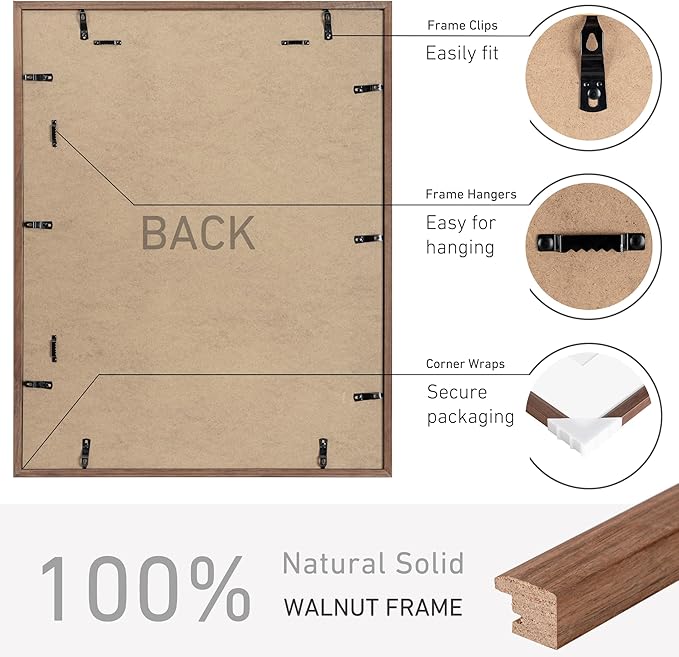22x28 Poster Frame Set of 2 Natural Solid Walnut Photo Frames with 18x24 Removable Mat Wall Hanging Large Handcrafted Frame with HD Plexiglass Wall and Tabletop Display Large Picture Frame