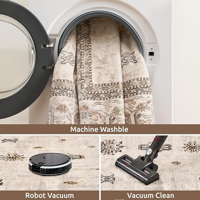 AMOAMI-Vintage Area Rug 8X10 Brown Rugs for Living Room-Soft Living Room Rug Non Slip Rugs for Bedroom Carpet Machine Washable Rug for Dining Room Bedside Office Room Decor