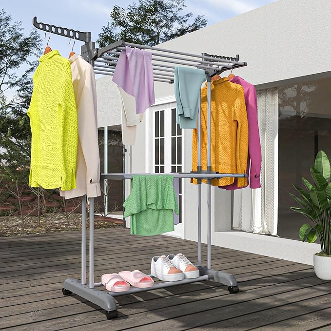 Bigzzia 3 Tier Clothes Drying Rack, 57 Inch Laundry Drying Rack, Foldable Stainless Steel Kids Clothing Rack, Movable Laundry Rack for Indoor Outdoor - Grey