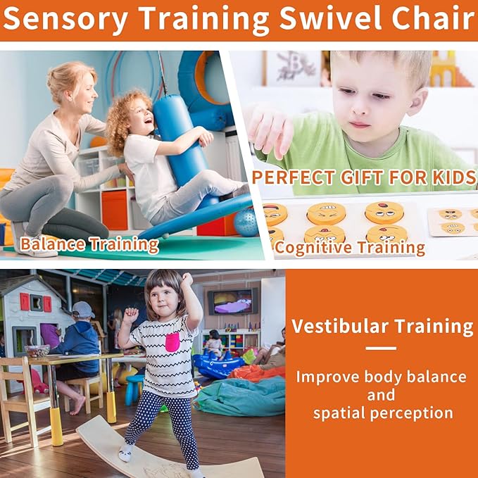 Autism Kids Swivel Chair, Sensory Products Sit and Spin Spinning Activity Toy for Toddlers, Sensory Spinning Seat for Kids Training Body Coordination (Orange)