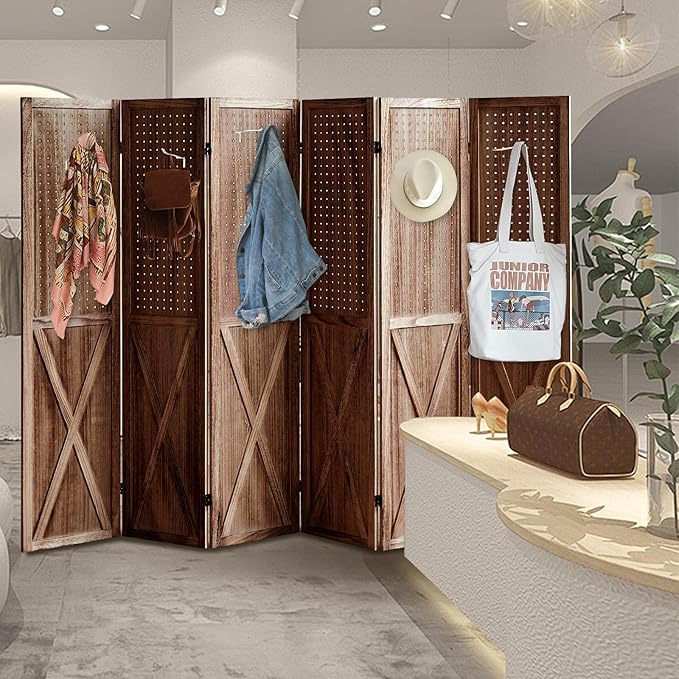 6 Panel Pegboard Room Divider, 5.6Ft Pegboard Display Folding Privacy Screens, Wood Room Divider Peg Board Display Freestanding for Trade Show Craft Show Home Wall Organizer, Brown
