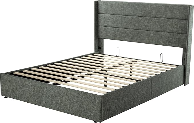 Allewie Full Size Lift Up Storage Bed, Modern Wingback Headboard, Hydraulic Support, No Box Spring Needed, Dark Grey