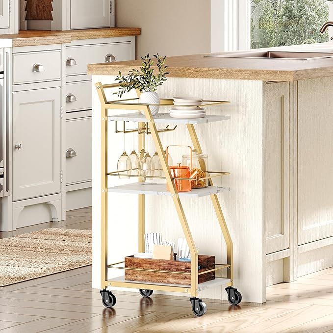 Bar Cart, Gold Bar Cart for The Home, Small Bar Cart on Wheels, Beverage Cart, Home Bar Serving Cart with Glass Holder, Drink Cart for Bar, Kitchen, Dining, Marble White and Gold BC03DW