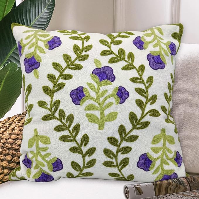 Alysheer Floral Embroidered Spring Decorative Throw Pillow Cover 18"x 18", Farmhouse Cottage Purple Flowers Green Leaves Knit Pattern Cotton Canvas Cushion Case for Sofa Couch Bed Living Room Decor