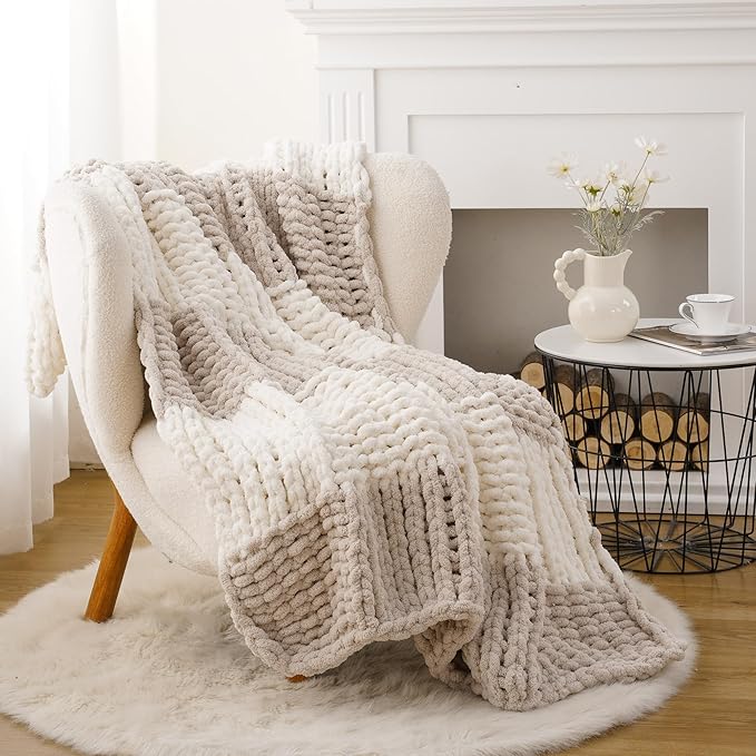 Battilo Chunky Knit Throw Blanket, Soft and Thick Chenille Throw Blanket, 50"x60" Handmade Cable Knit Crochet Blanket, Large Rope Knot Throw Blankets for Couch Sofa Bed Home Decor, Beige & White