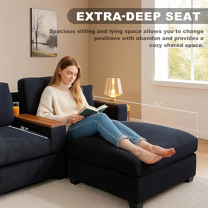 120.3" Modern L-Shaped Sectional Sofa with 360°Swivel Drop-Down Table, Storage Armrest, USB Ports & Movable Storage Ottoman – Plush Linen Cloud Couch for Lounge (Black)