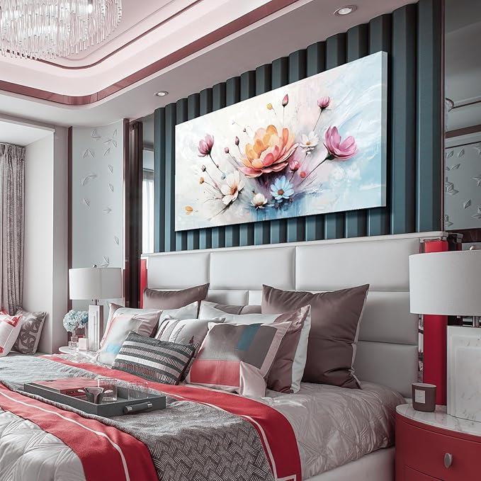 amatop Large Floral Wall Art – Modern Pink White and Blue Abstract Colorful Flower Bouquet Print Large Botanical Canvas Picture Nature Artwork Wall Decor for Living Room Bedroom Office 48x24 inch