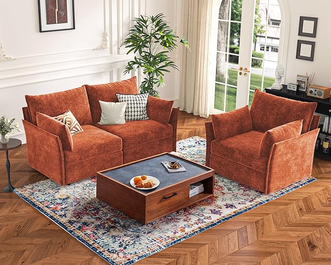 135.5" Oversized Modular Sectional Sofa, L Shaped Convertible Couch with Movable Ottoman, 5 Seat Corner Couches for Living Room Deep Seat Terracotta Orange Chenille