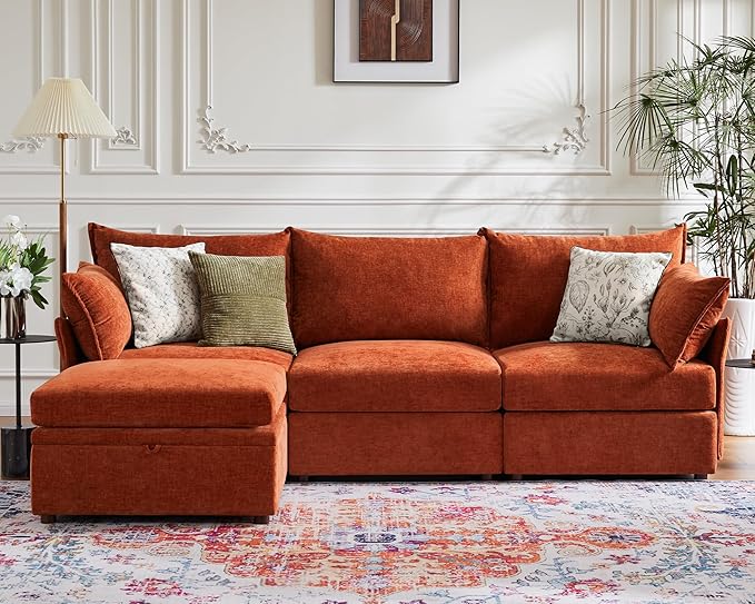 102.6" Modular Sectional Sofa, L Shaped Couch Set for Living Room, 3-Seater Comfy Cloud Couches with Movable Storage Ottoman,DIY Combination - Chenille Terracotta Orange