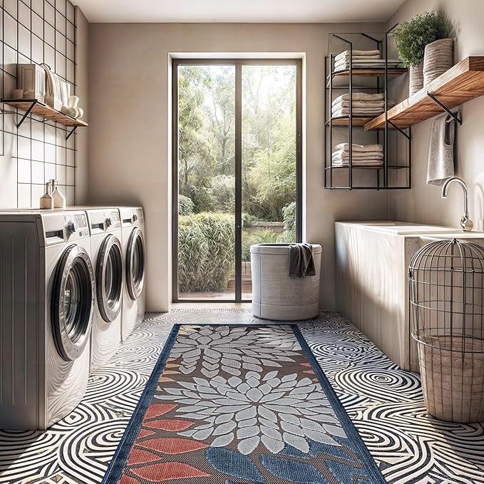 Beverly Rug Outdoor Runner Rug 2x7 Modern Floral Tropical Area Rugs for Indoor and Outdoor Patio Easy to Clean Non Shedding Living Room Porch Garden Washable Outside Carpet (2 x 7 Brown)