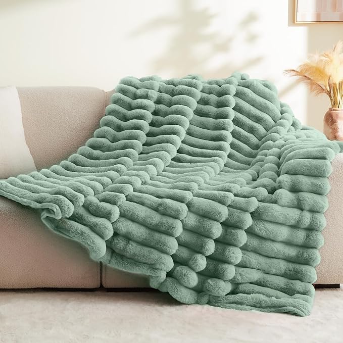 BEDELITE Faux Rabbit Fur Blanket, Luxurious 3D Striped Spring Blanket for Decor & Gift, Soft and Warm Plush Fluffy Faux Fur Throw Blanket All Seasons Suitable, (Sage Green, 60"x 80")