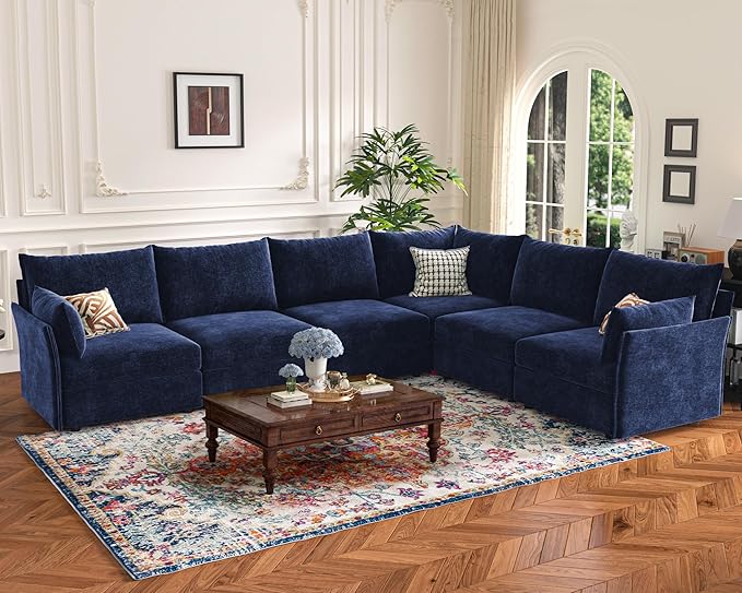 134.6" Modular Sectional Sofa, Oversized 4 Seater Blue Couch with Removable Chenille Fabric Cover, Deep Seat & High Backrest for Living Room, Office & Apartment