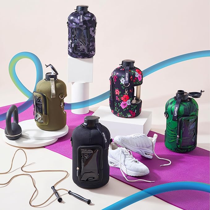 AQUAFIT 1 Gallon Jug Sleeve, Neoprene Water Bottle Bag with Adjustable Shoulder Strap and Pocket, 128 oz Water Bottle Sling Bag, Water Bottle Carrier Bag (Sleeve Only - No Bottle, Black)