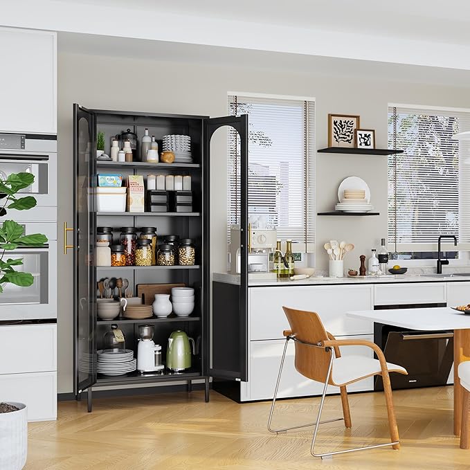 71" Tall Display Cabinet, 5-Tier Bookshelf with Doors & Adjustable Shelf, Modern Storage Cabinets Ideal for Book, Wine, Collectibles, Free Standing Bookcase for Home, Office, Living Room