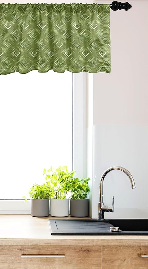 Ambesonne Olive Green Window Valance, Grunge Geometric Pattern Square Shape Diagonal Abstract Rhombus, Curtain Valance for Kitchen Bedroom Decor with Rod Pocket, 42" x 18", Olive Green Coconut