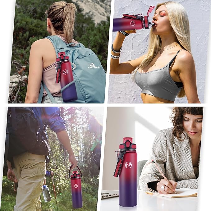 32 oz Insulated Water Bottle With Detachable Straw & Paracord Handle, Stainless Steel Thermos Water Bottle with Leakproof Lockable Lid, BPA-Free Sports Bottle (Rose Purple Gradient)